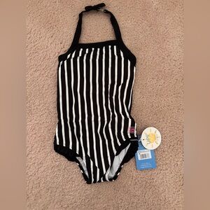 Ruffle Butts Black and White Striped Kids Swim One Piece